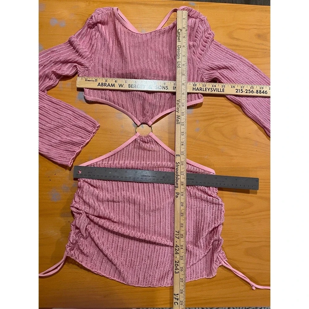 NEW Lilosy Pink Triangle Thong Tie Bikini Set Sexy Mesh Sheer Cover Up Lace Up S - Picture 7 of 12